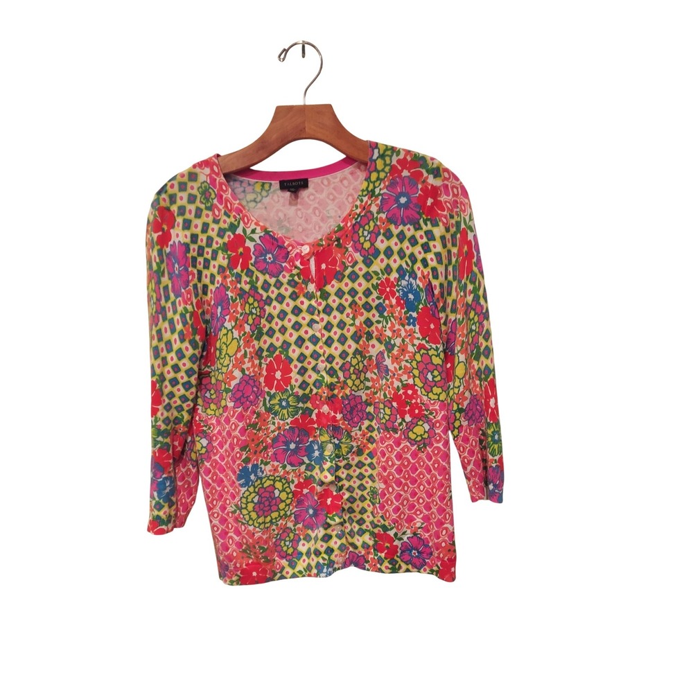 Talbots Womens Small Floral Geometric Patchwork Cardigan Pink 3/4 Sleeve Sweater